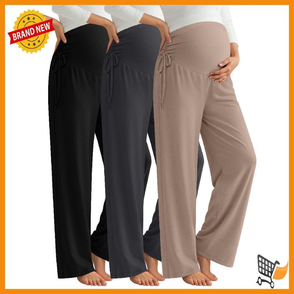 Maternity Lounge Pants 3-Pack Over Belly Stretchy Wide Leg with Pockets